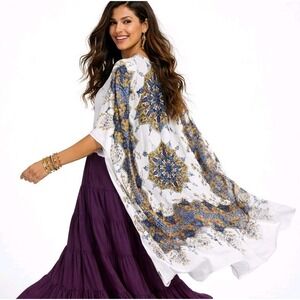 Twill Weave Mandala Square Cut Open Front  Kimono Cardigan Duster Beach‎ Cover